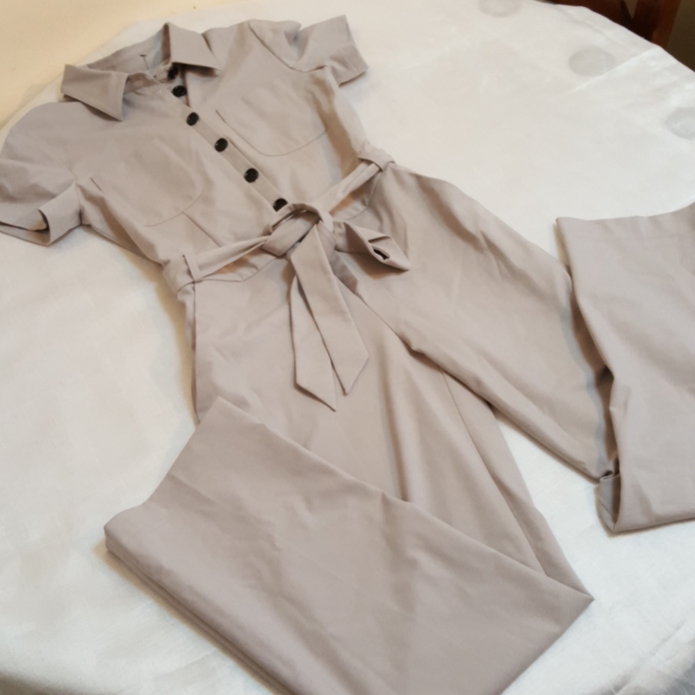 Donna Karan belted nude short sleeve jumpsuit